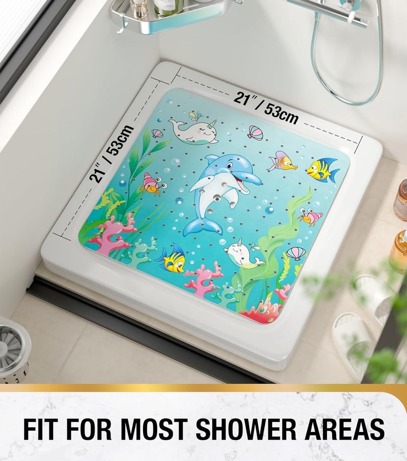 HITSLAM Square Shower Stall Mat Anti Slip, Quick Dry 21x21 Inch Bathtub Floor Mat for Kids with Suction Cups and Drainage Holes, Machine Wash, Soft on Feet, Dolphin - Image 2